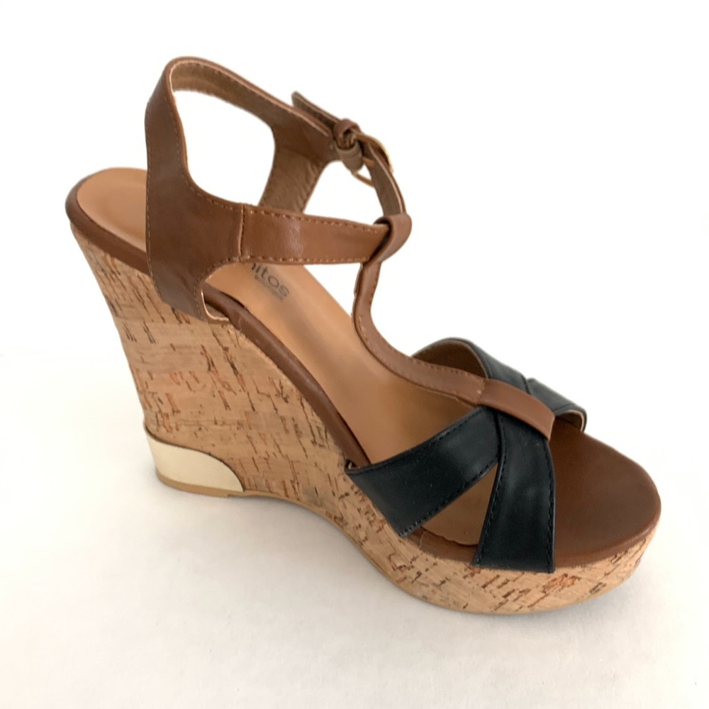 Wedge sandal. Tan and black.  4.5” cork heel
